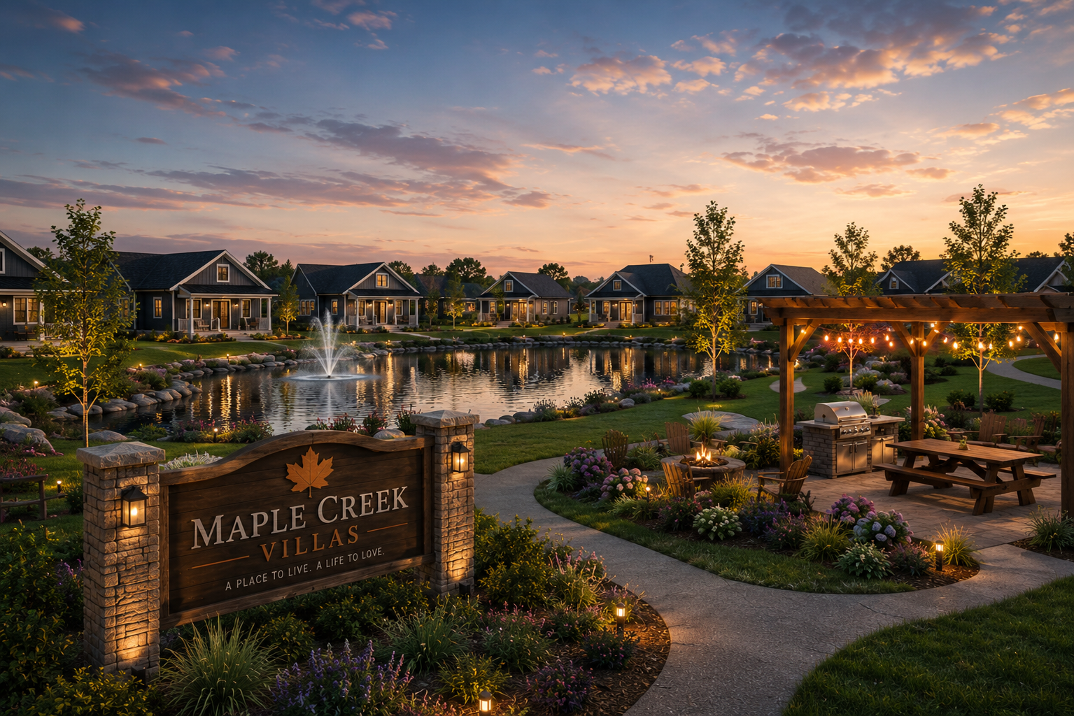 Maple Creek Villas cottages surrounding a landscaped pond