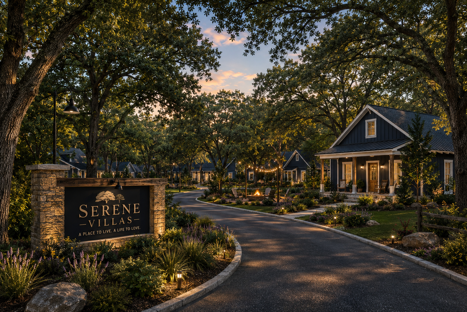 Serene Villas community beneath mature East Texas trees
